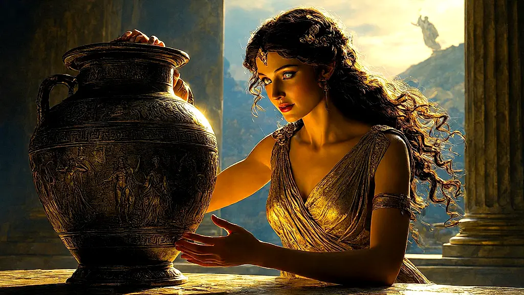 Pandora opening the jar, releasing evils, Hope remaining.