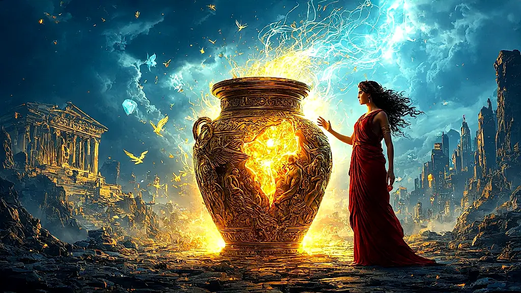 Pandora unleashing digital chaos from glowing mythic jar.