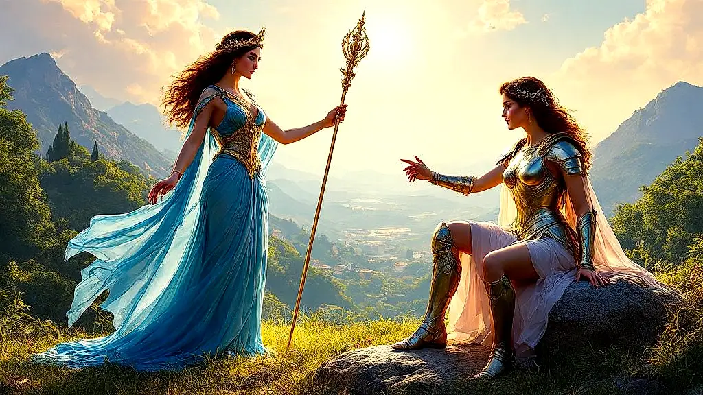 Paris choosing between Hera, Athena, and Aphrodite’s gifts.