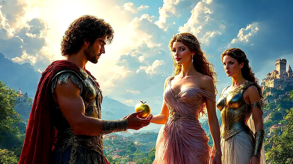 Paris gives golden apple to Aphrodite, sealing Troy's fate.