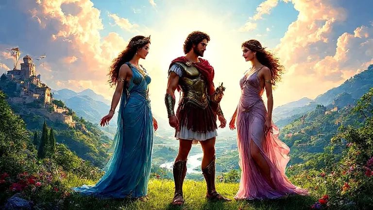 Paris judging Hera, Athena, and Aphrodite with golden apple.