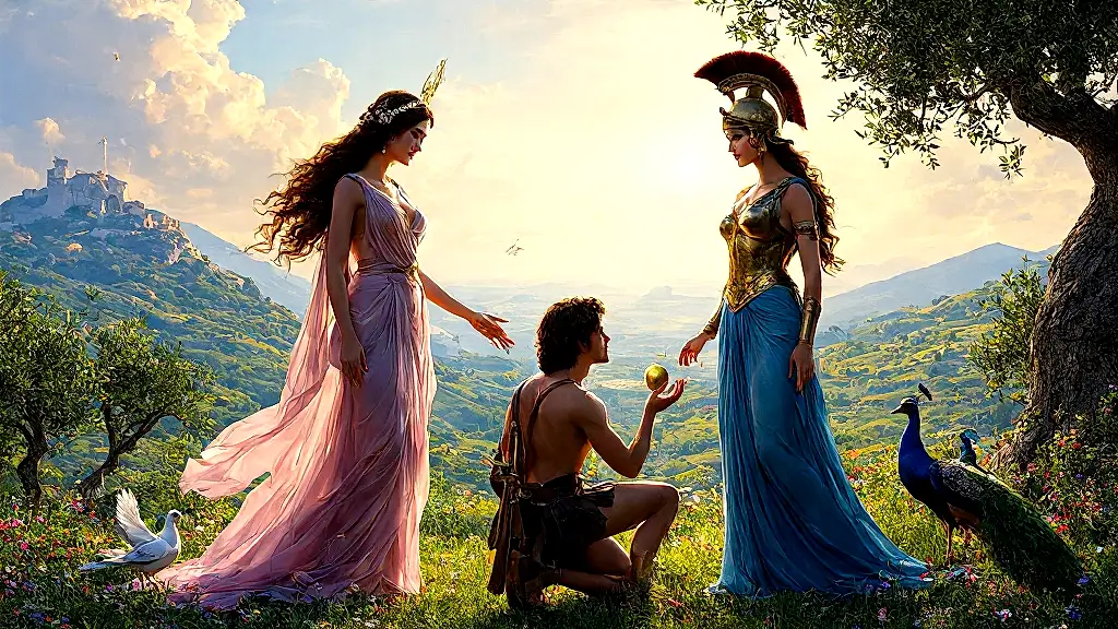 Paris judging three goddesses on Mount Ida.
