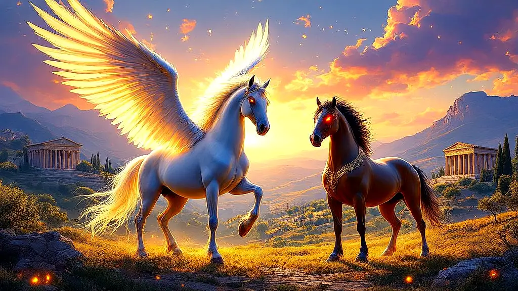Pegasus and Xanthos, legendary Greek horses, in a mythical valley.