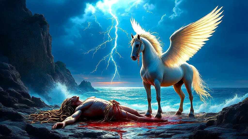 Pegasus born from Medusa's blood as Poseidon watches.