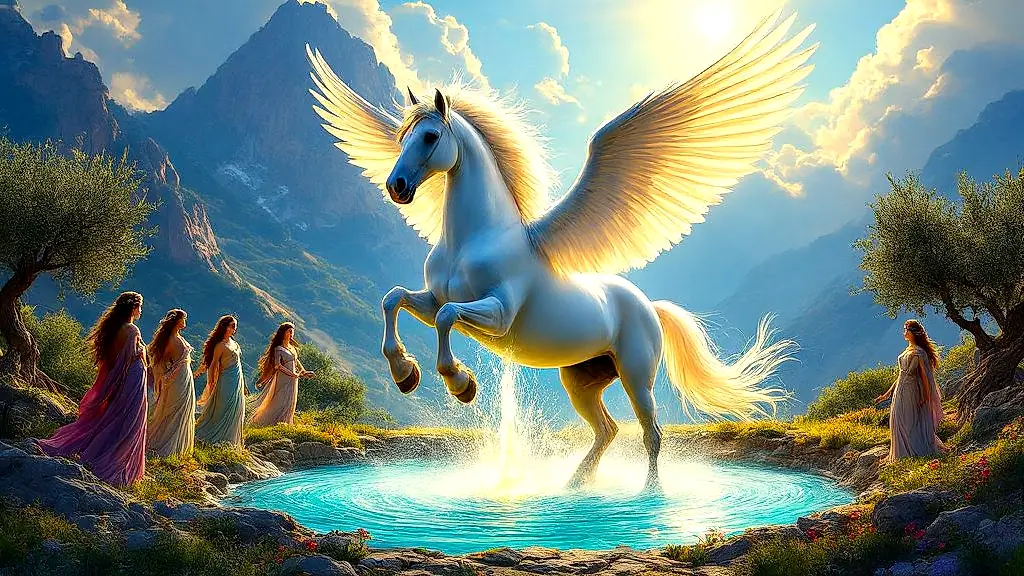 Pegasus creates the Hippocrene spring on Mount Helicon.