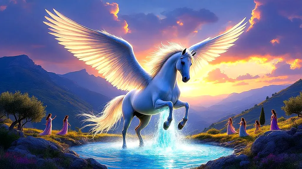 Pegasus creating Hippocrene spring on Mount Helicon, inspiring Muses.