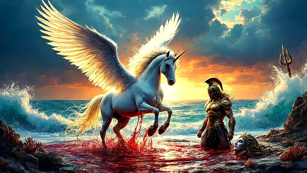 Pegasus rising from Medusa's blood, ocean storm, mythic scene.