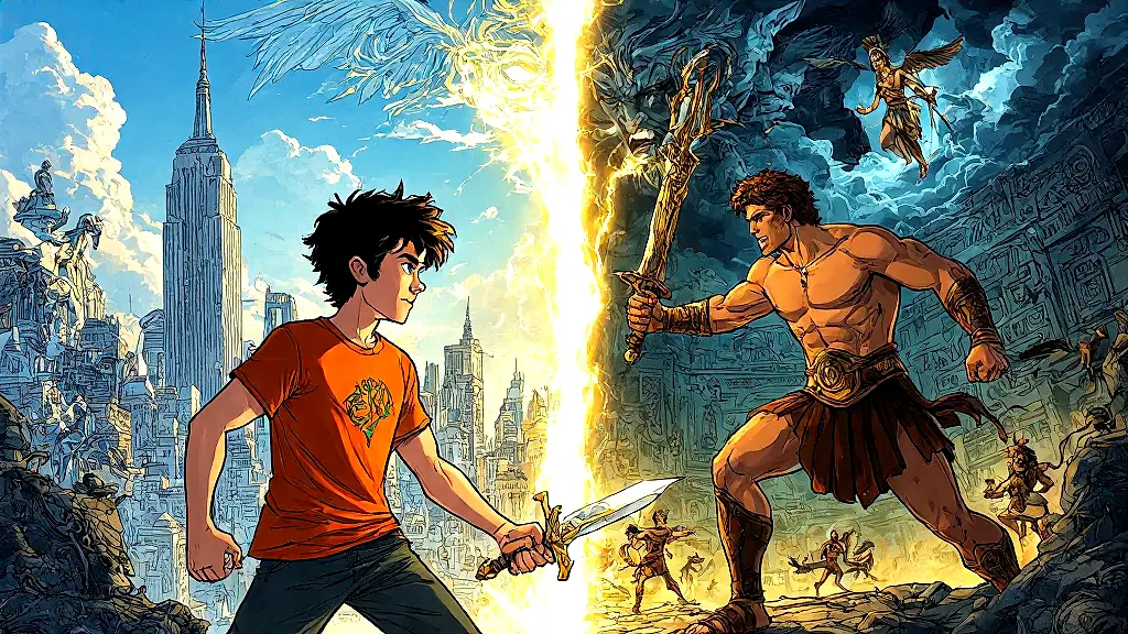 Percy Jackson and Theseus clash in mythic split-screen battle.