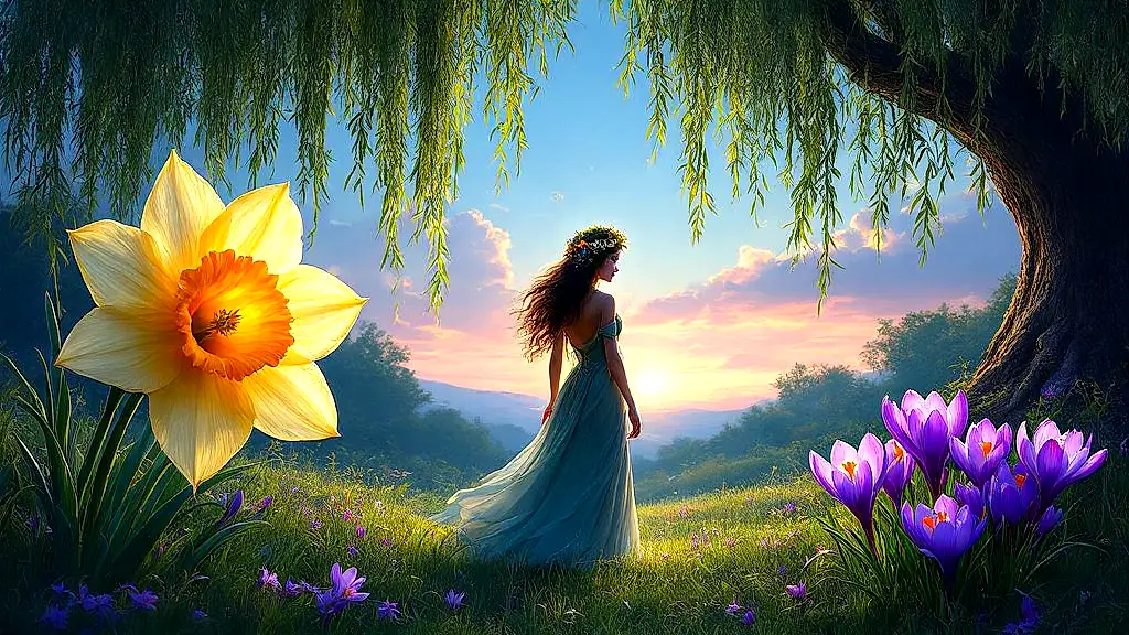 Persephone among narcissus, willow, and crocus flowers.