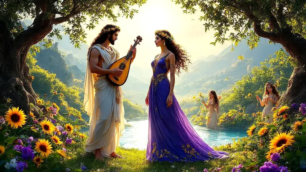 Persephone and Apollo among mythic flowers in Olympus.