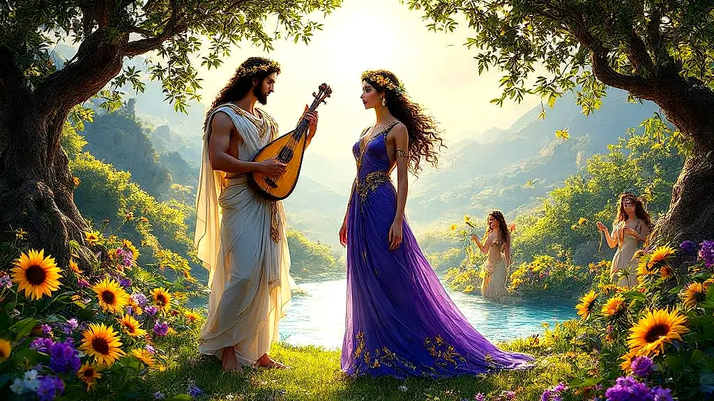 Persephone and Apollo among mythic flowers in Olympus.