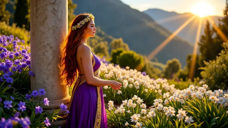 Persephone and Apollo among mythic Greek flowers.