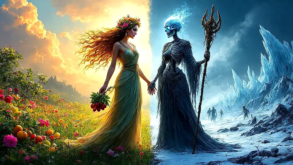 Persephone and Hel, goddesses of contrasting underworlds, stand together.