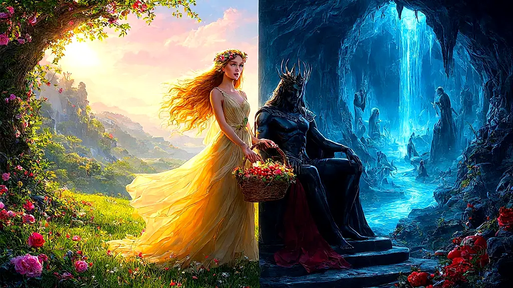 Persephone as spring maiden and underworld queen, split realms.