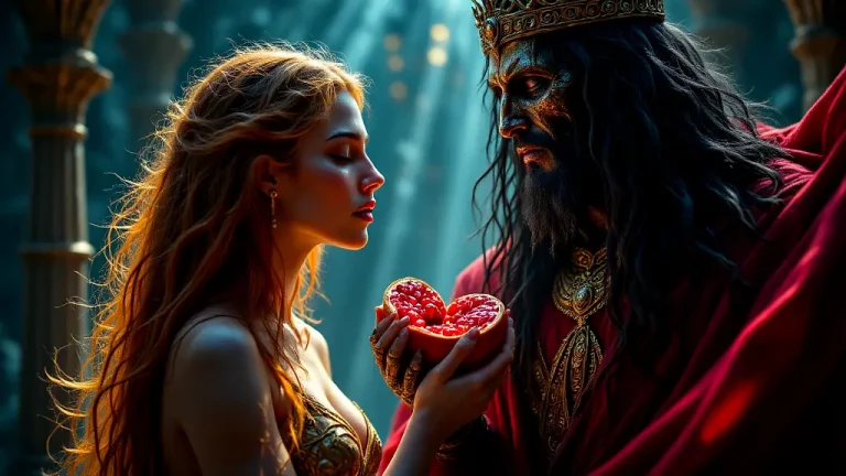 Persephone eating pomegranate seeds in the Underworld, Hades watching.