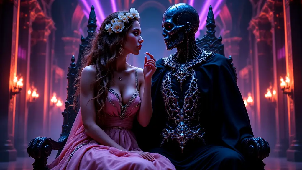 Persephone eating pomegranate seeds, tricked by Hades in the Underworld.