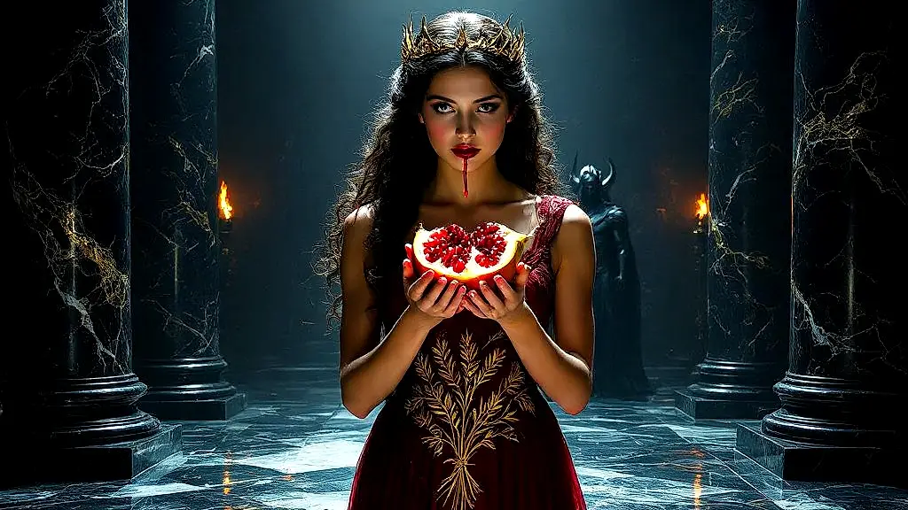 Persephone eats pomegranate seeds in the Underworld, sealing her fate.