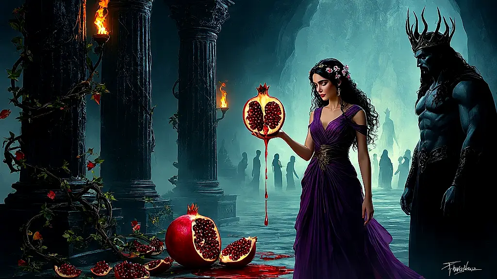 Persephone holding pomegranate in Hades' underworld palace.