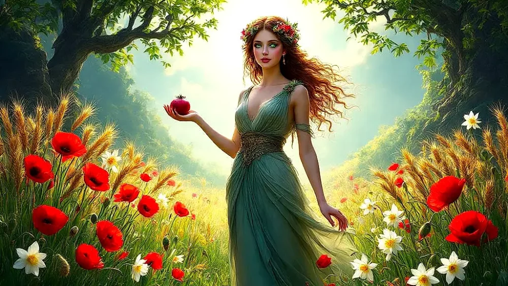 Persephone holding pomegranate in vibrant mythological meadow.