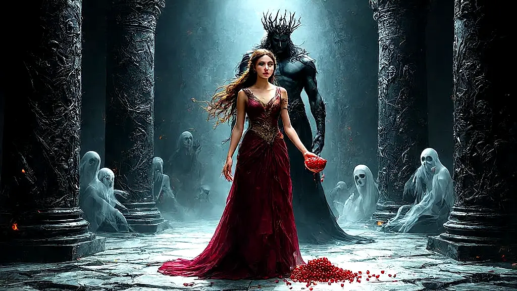 Persephone holding pomegranate seeds in Underworld, Hades watching.