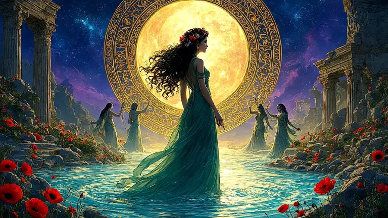 Persephone oversees souls' reincarnation with the Fates.
