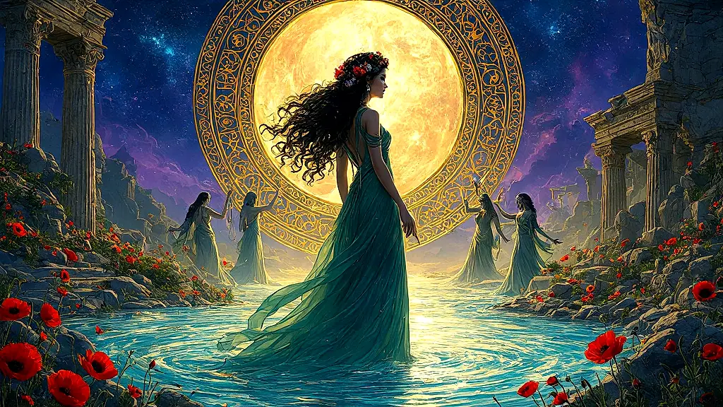 Persephone oversees souls' reincarnation with the Fates.