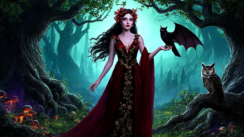 Persephone with bat and screech-owl in mystical twilight grove.