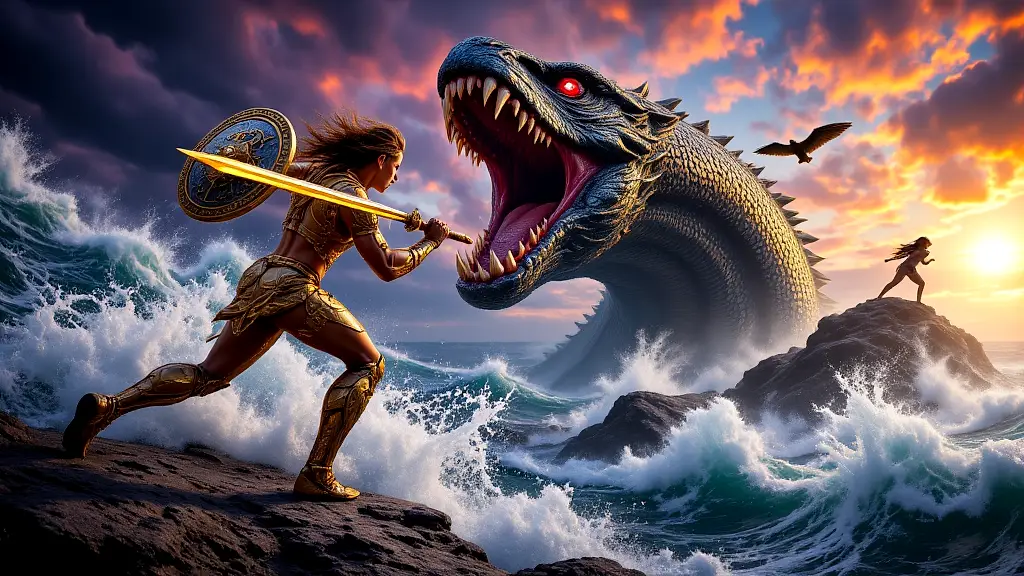 Perseus battles Cetus, rescuing Andromeda with Medusa's head.