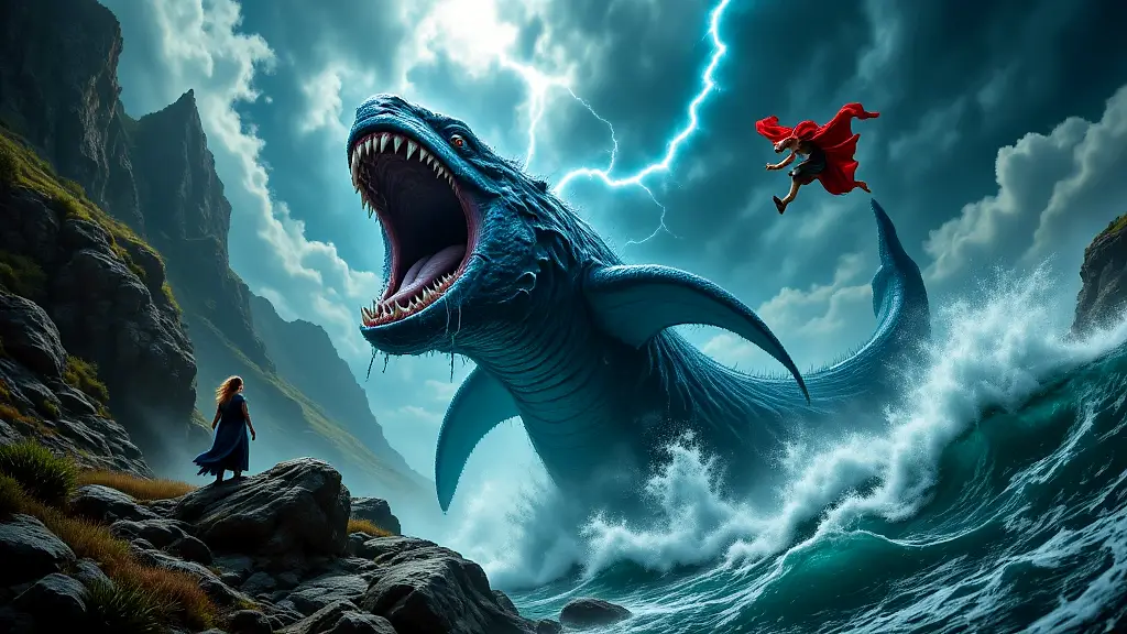 Perseus battles Cetus to save Andromeda in a stormy mythic scene.