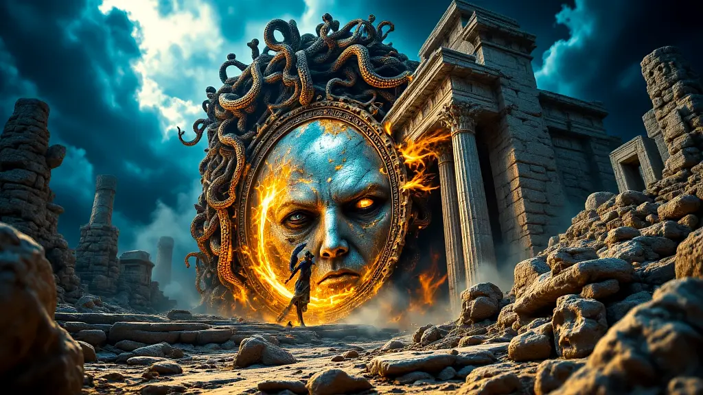 Perseus battles Medusa using a mirrored shield.