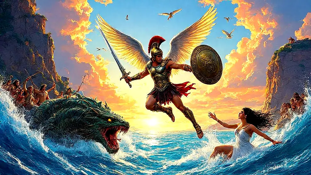 Perseus rescues Andromeda from sea monster Cetus.