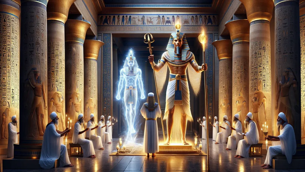Pharaoh And Ka In An Ancient Egyptian Temple Surrounded By Priests
