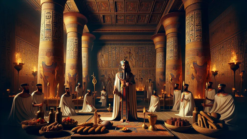 Pharaoh In Grand Hall With Priests And Ancient Egyptian Decor