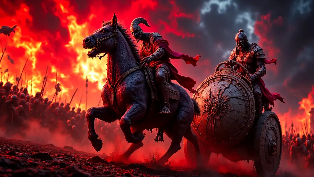 Phobos and Deimos riding with Ares in battle.