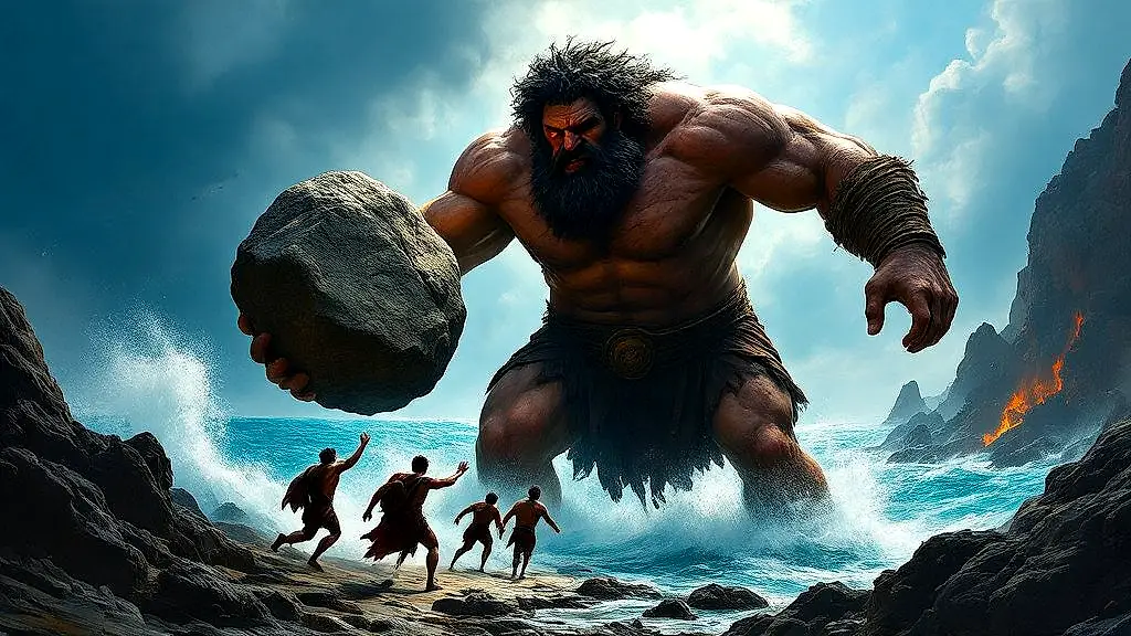 Polyphemus hurls a boulder at Odysseus' fleeing ship.