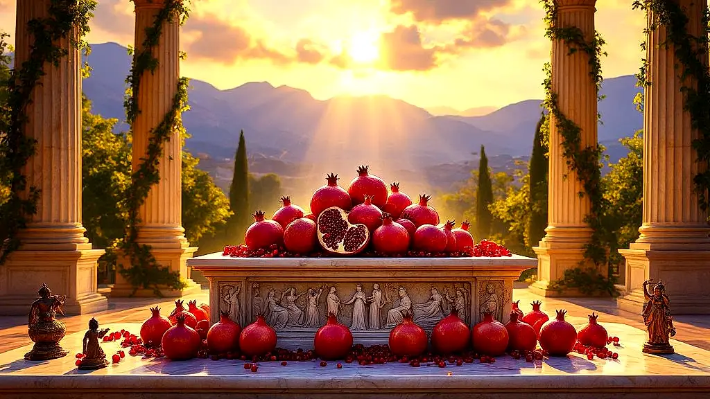 Pomegranates on a sunlit altar with Greek myth carvings.