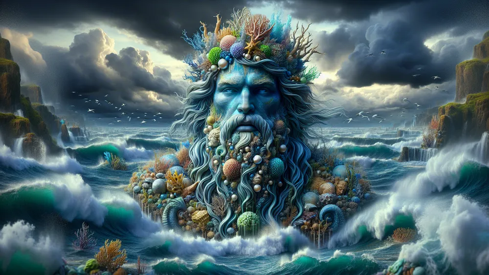 Pontus Majestic Sea God Amidst Vibrant Marine Life And Stormy Ocean