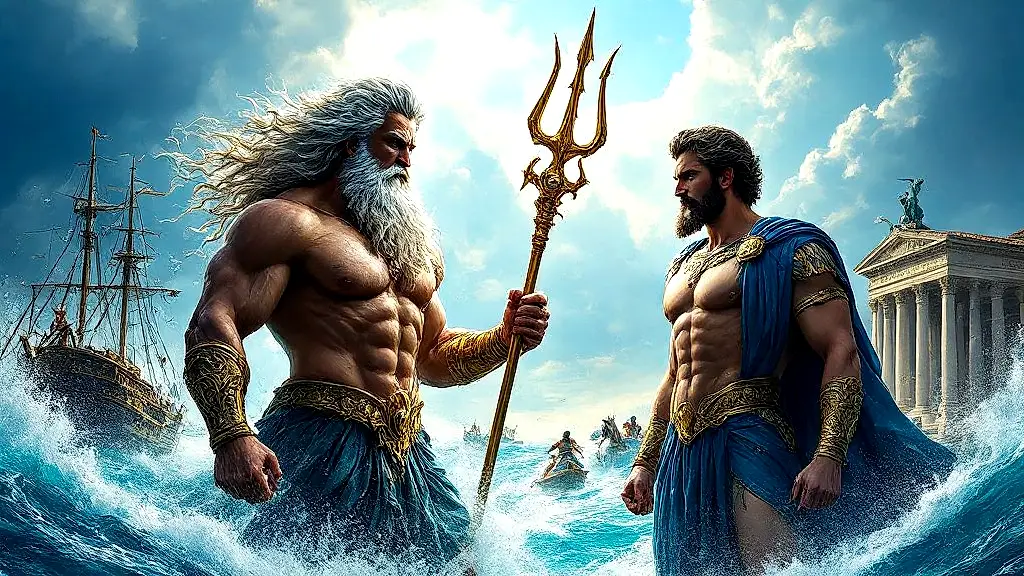 Poseidon and Neptune clash in divine storm vs. order.