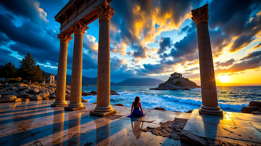 Poseidon at Cape Sounion Temple with sailors offering tribute.