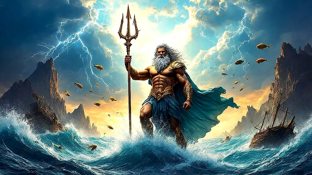 Poseidon commanding the stormy seas with his divine trident.