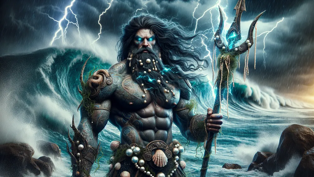 Poseidon Greek God Stands Powerfully Amid A Stormy Tumultuous Seascape