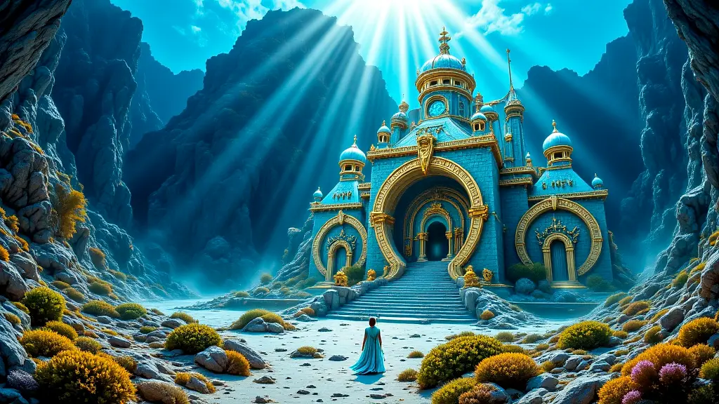 Poseidon’s golden underwater palace with hippocampi and Nereids.