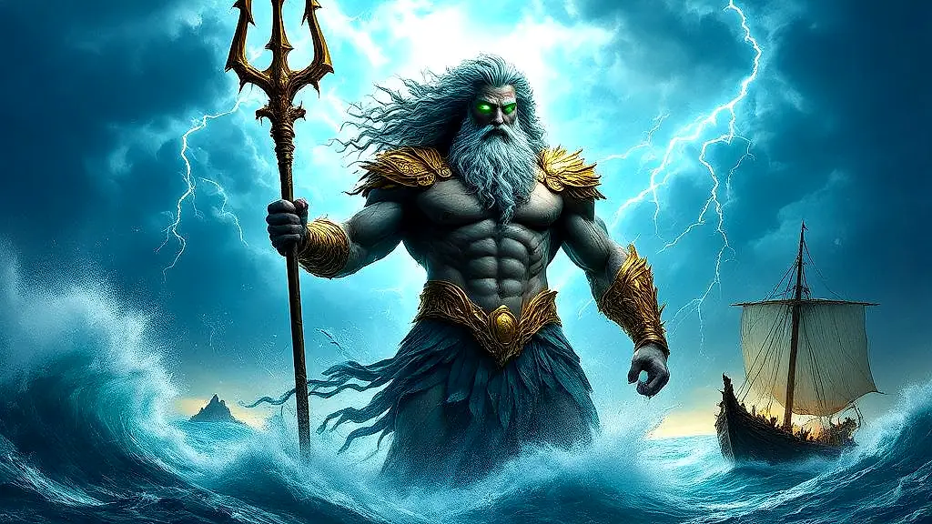Poseidon unleashing fury on Odysseus' ship.