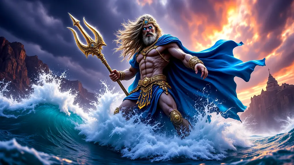 Poseidon wielding his trident, summoning a tidal wave.