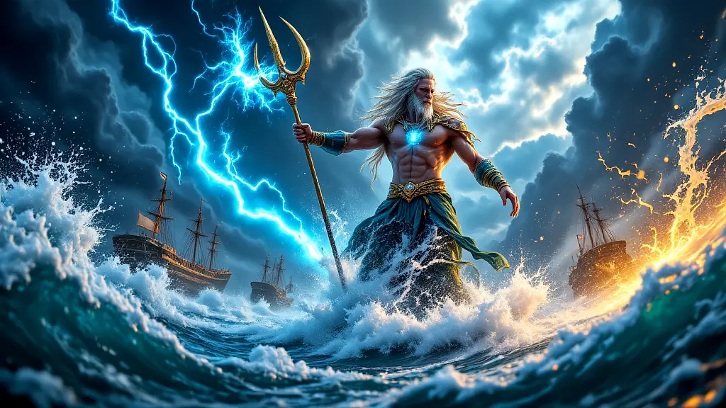 Poseidon wields his glowing trident, summoning a stormy sea.
