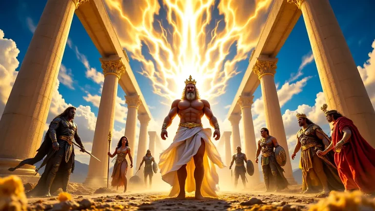 Powerful Greek gods assembled on Mount Olympus in vibrant glory.