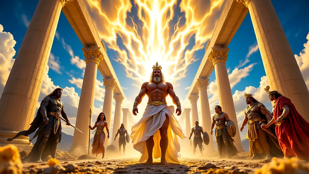 Powerful Greek gods assembled on Mount Olympus in vibrant glory.