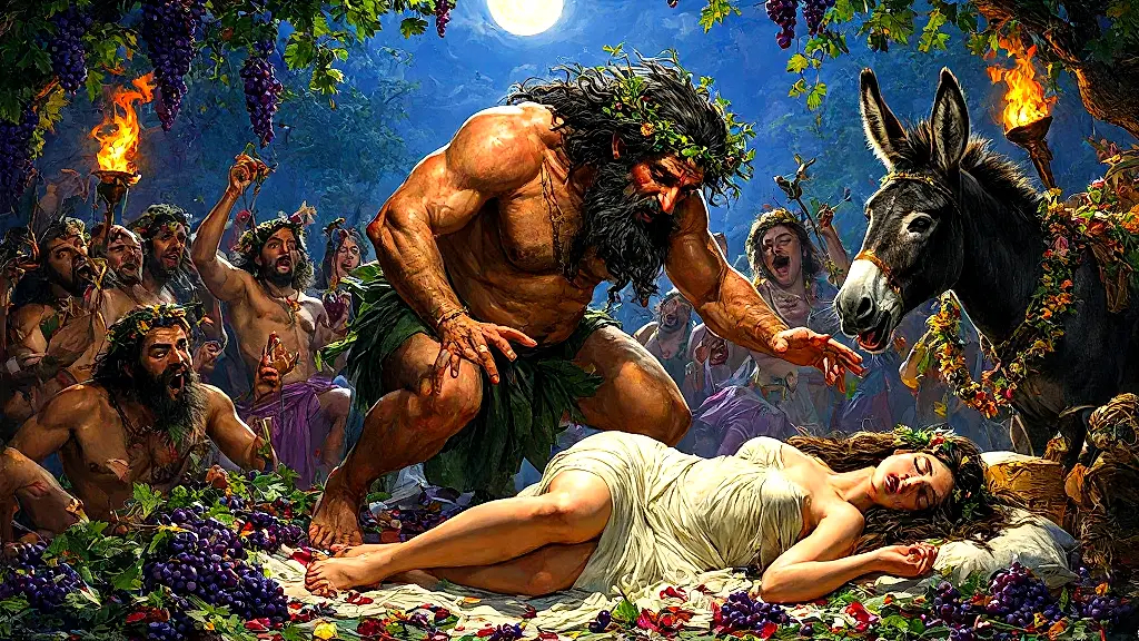 Priapus caught by donkey during Dionysian feast.