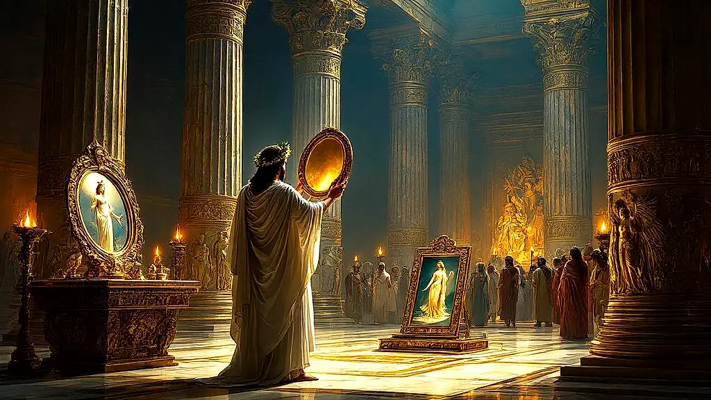 Priest using bronze mirror at Delphi oracle, Greek ritual.