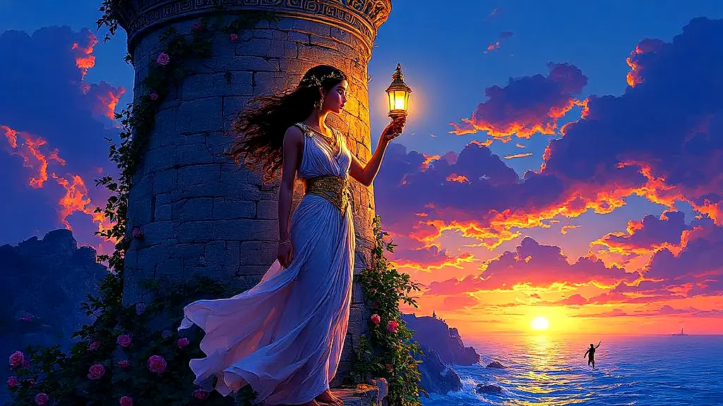 Priestess Hero lights a lamp in her tower at dusk.